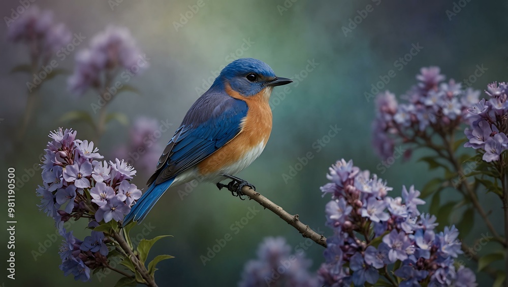 Bluebird on a branch with purple flowers, background fading into blue blooms. Bluebird on a branch with purple flowers, background fading into blue blooms.