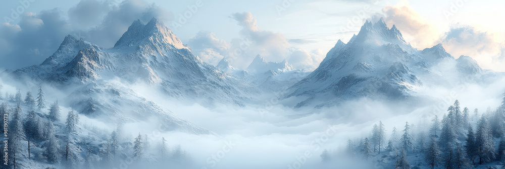 Obraz premium Snowy mountain peaks rise above a valley shrouded in fog.