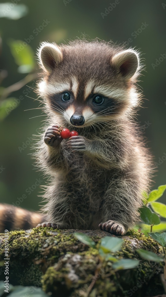 Adorable Baby Raccoon with Berry on Moss-Covered Rock in Forest | Cute Curious Raccoon with Copy Space Adorable Baby Raccoon with Berry on Moss-Covered Rock in Forest | Cute Curious Raccoon with Copy Space