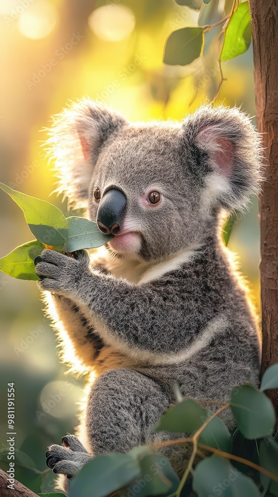 Fototapeta premium Adorable Baby Koala Munching on Eucalyptus Leaf in Soft Natural Light with Copy Space