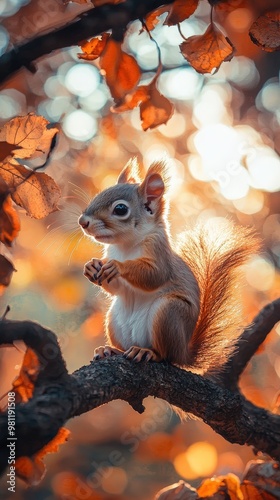 Adorable Baby Squirrel on Tree Branch with Bushy Tail, Autumn Light Filter, Space for Text