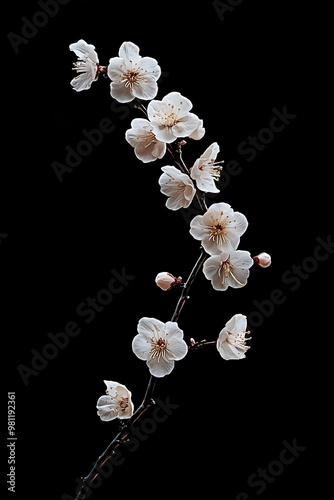 Delicate cherry blossom branch against a black background photo