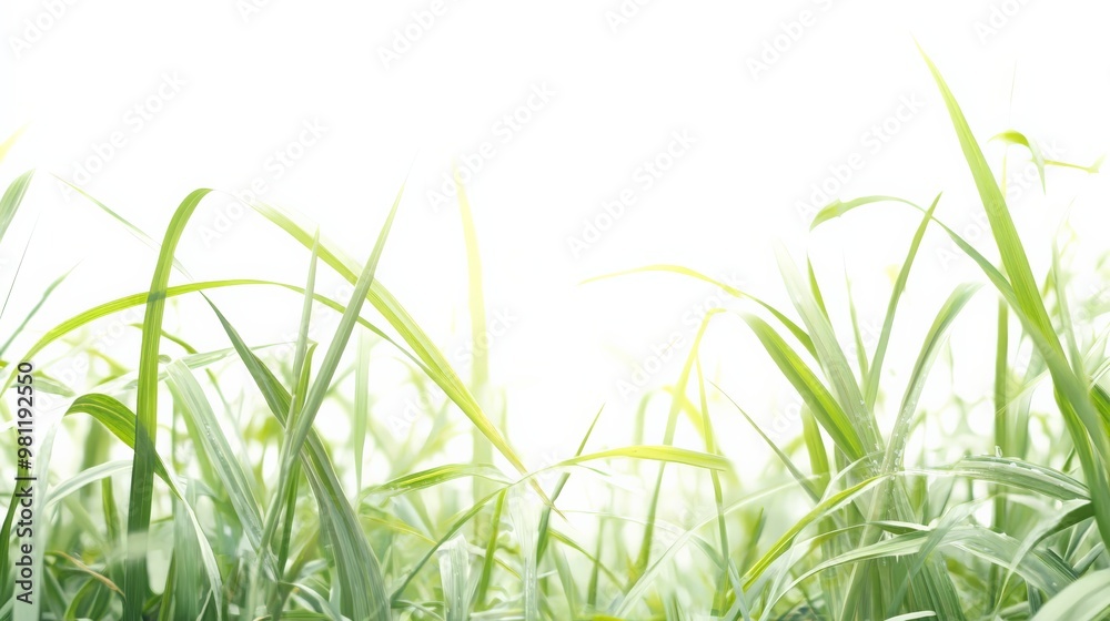 Naklejka premium Close-up of vibrant green grass blades with a bright, refreshing white background, perfect for nature, gardening, and outdoor themes.