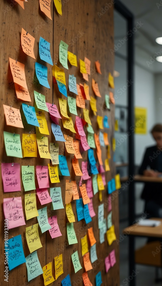 Brainstorming session in a flexible office with scattered post-its and markers, highlighting collaboration. Brainstorming session in a flexible office with scattered post-its and markers, highlighting collaboration.