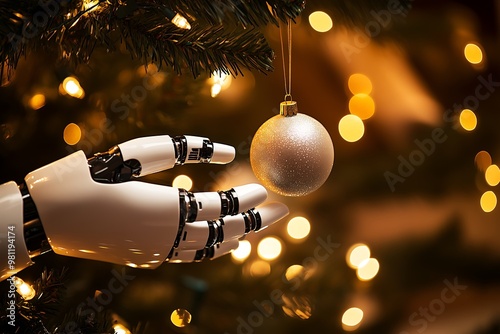 Robot hand delicately placing a Christmas ornament on tree photo