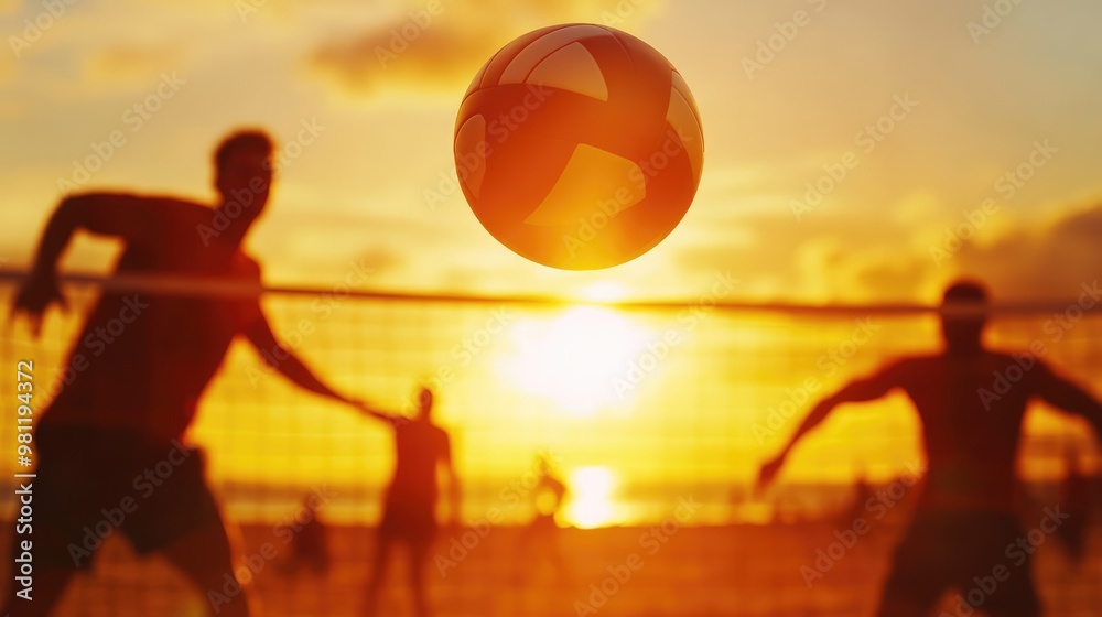 Fototapeta premium Dynamic beach volleyball game in action. Close-up of ball over net and sunny sky. Summer sports and active lifestyle concept. Design for poster, banner.