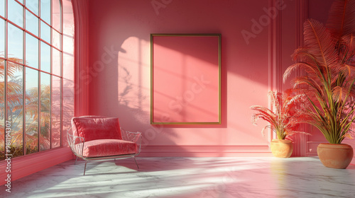 Pink armchair in a pink room with a large window and palm trees