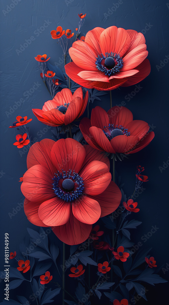 Stylized red flowers with intricate details against a dark blue background
Stylized red flowers with intricate details against a dark blue background