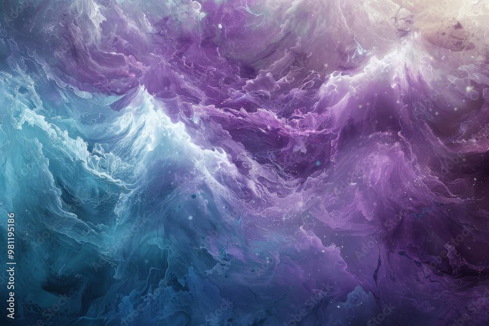 Obraz premium Ethereal waves of purple and blue swirl together, creating mesmerizing abstract background that evokes sense of calm and wonder. fluid motion and vibrant colors invite viewer to explore depths of this
