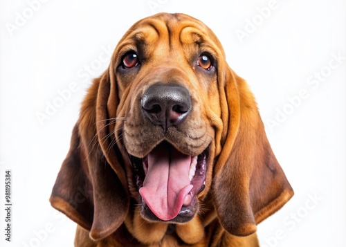 Adorable bloodhound with floppy ears and wrinkles displays comical cross-eyed gaze, tongue lolling out, against a crisp white background, exuding playfulness and innocence. photo