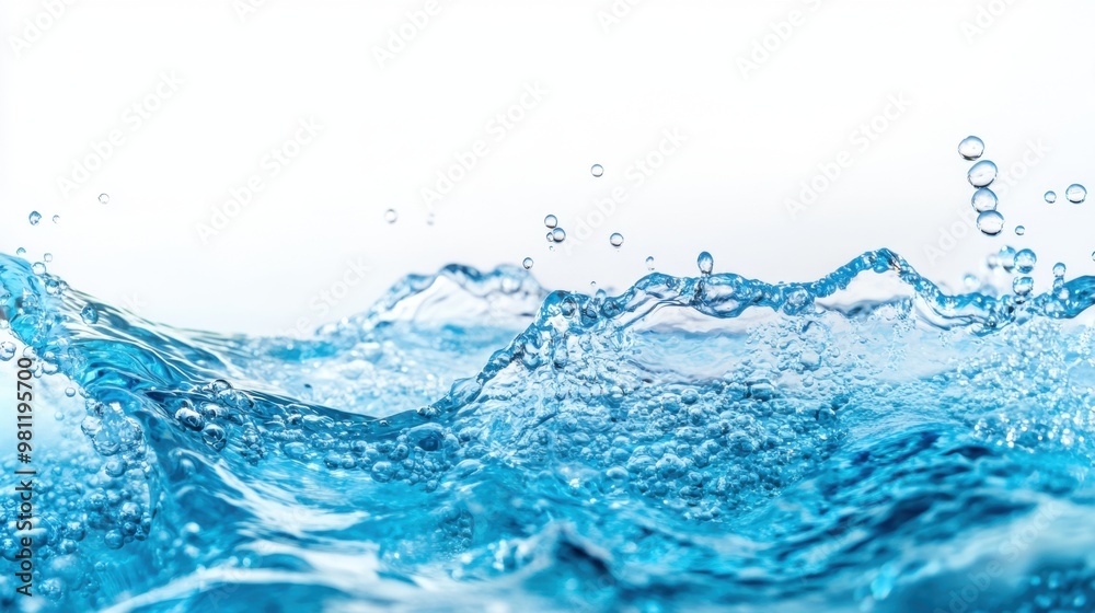 Panoramic scene of fresh blue water waves with bubbles in motion against a white background representing purity and hydration Panoramic scene of fresh blue water waves with bubbles in motion against a white background representing purity and hydration