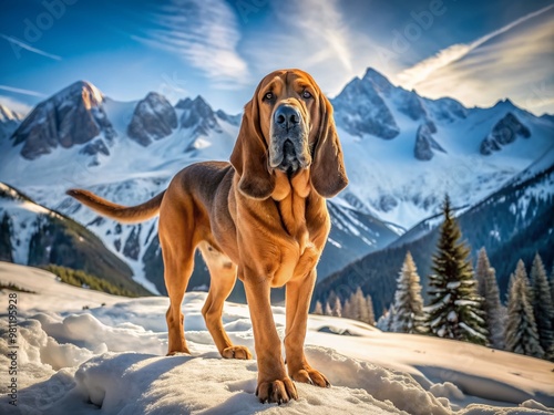 A majestic bloodhound service dog stands alone in the snowy mountains, its gentle gaze and floppy ears a contrast to the rugged winter landscape surrounding it. photo