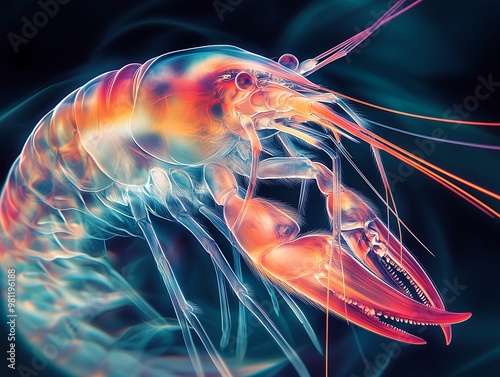 Colorful glowing shrimp in a dark underwater setting photo