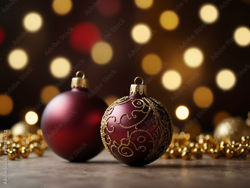Burgundy and gold Christmas balls on a blurred background with elegant lighting. Burgundy and gold Christmas balls on a blurred background with elegant lighting.