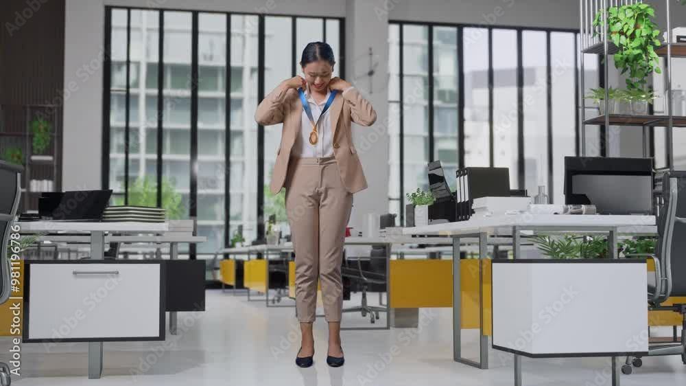 Full Body Of Asian Business Woman In A Suit Wearing A Gold Medal And Smiling To Camera Being Proud Winning As The First Winner In The Office Full Body Of Asian Business Woman In A Suit Wearing A Gold Medal And Smiling To Camera Being Proud Winning As The First Winner In The Office