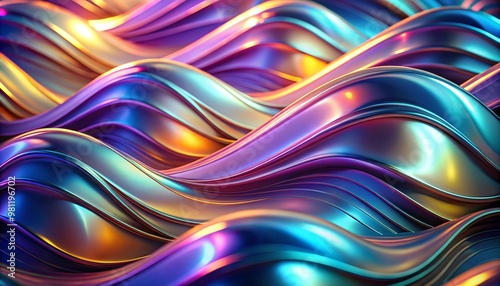 Abstract image featuring metallic waves with vibrant colors flowing through smooth curves creating a futuristic atmosphere colorful visual patterns