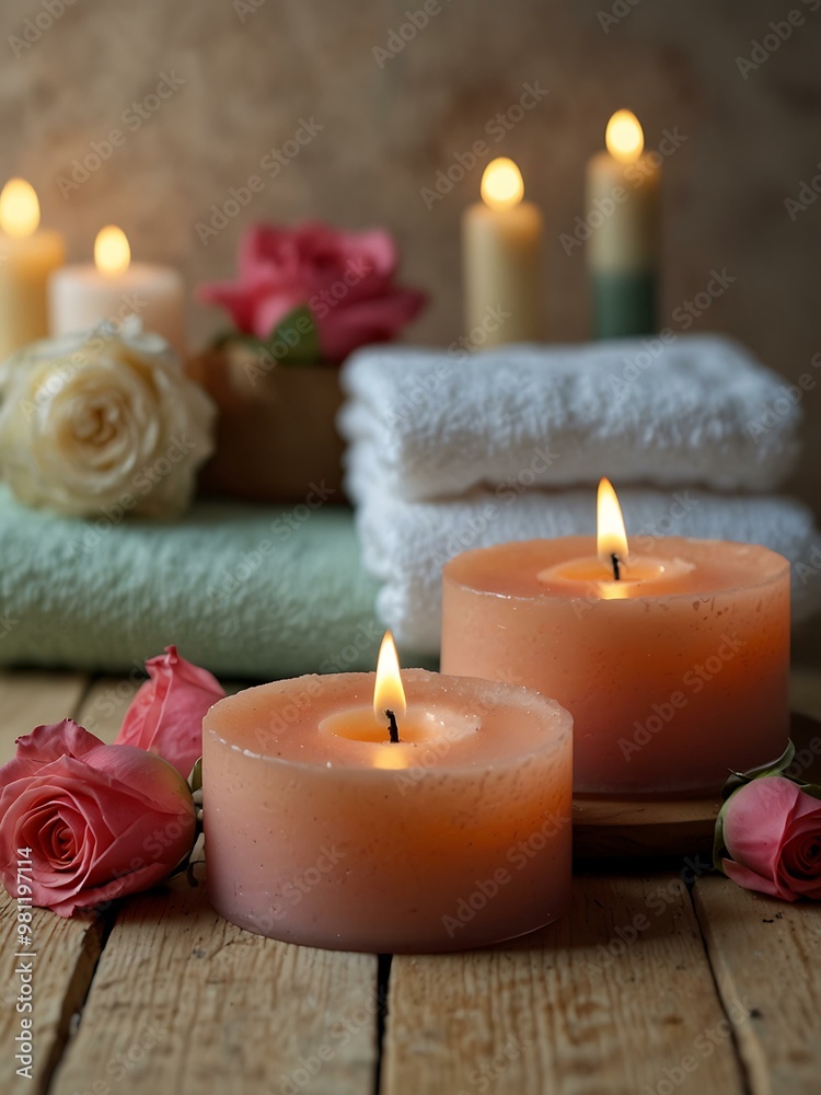 Burning candles with rose flowers in a serene spa background. Burning candles with rose flowers in a serene spa background.