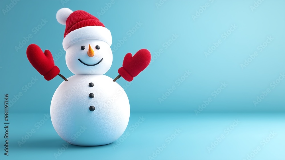 Happy snowman wearing a red Santa hat and mittens Happy snowman wearing a red Santa hat and mittens