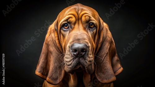 Adorable brown bloodhound dog's wrinkled face with floppy ears and sad expressive eyes takes center stage on a sleek black background, perfect for animal lovers.