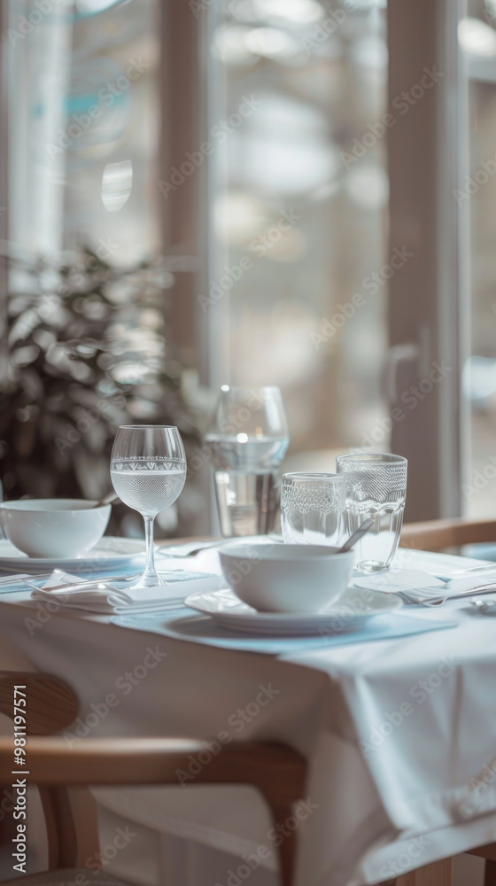 Fototapeta premium A beautifully set dining table in natural light, featuring elegant glassware and white dishware, creates serene and inviting atmosphere for meal