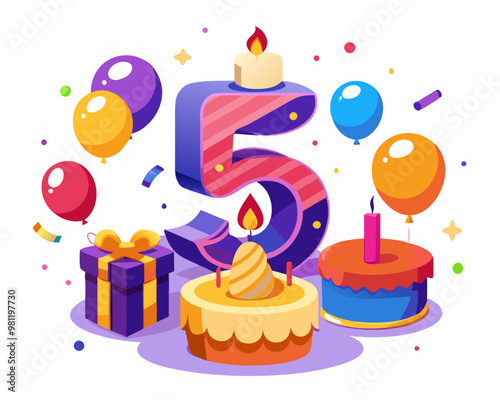 5th Birthday Vector With Cake, Balloons And Confetti