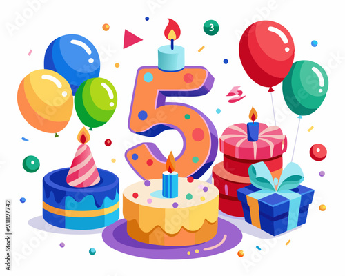 5th Birthday Vector With Cake, Balloons And Confetti