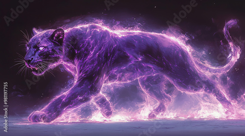 Futuristic neon panther walking in a glowing, electric atmosphere
