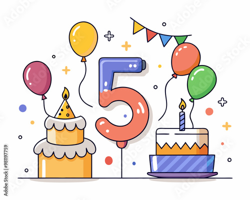 5th Birthday Vector With Cake, Balloons And Confetti