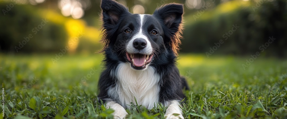 Happy Border Collie Dog Lying in Green Grass Happy Border Collie Dog Lying in Green Grass