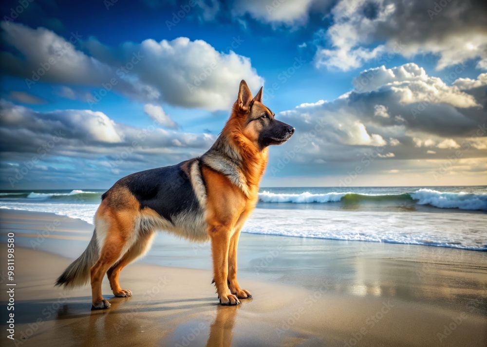 A majestic German Shepherd dog stands alone on a scenic beach, its fur blowing in the coastal breeze, looking out at the endless ocean horizon. A majestic German Shepherd dog stands alone on a scenic beach, its fur blowing in the coastal breeze, looking out at the endless ocean horizon.