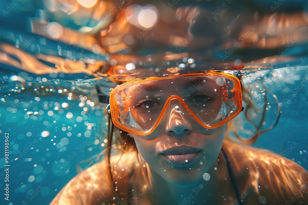 Naklejka premium Preteen girl in wetsuit diving and snorkeling underwater with bubbles and reflection in surface of the ocean above