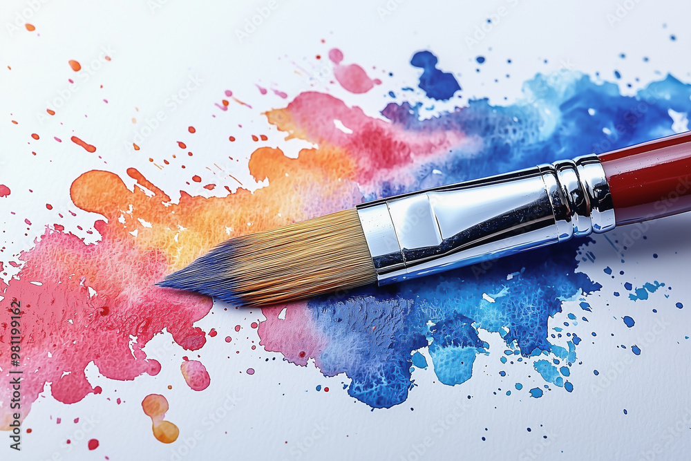Fototapeta premium Paintbrush spreading vibrant splashes of color across white canvas
