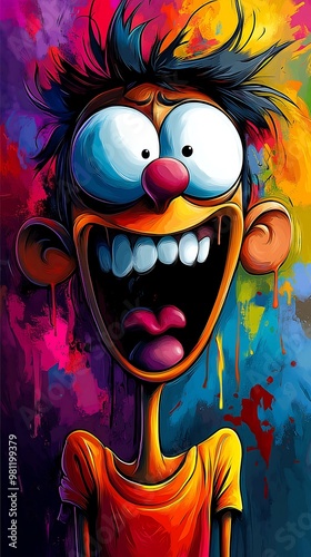 Vibrant cartoon character with wide open mouth against colorful backdrop photo