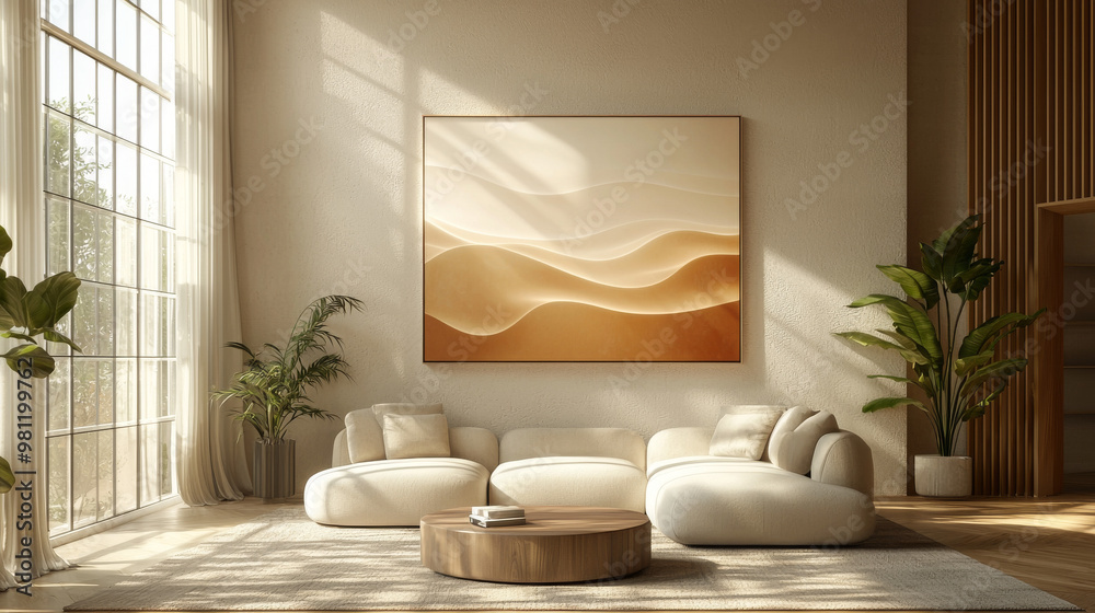 Fototapeta premium A modern living room with a large, abstract painting above a white sofa.