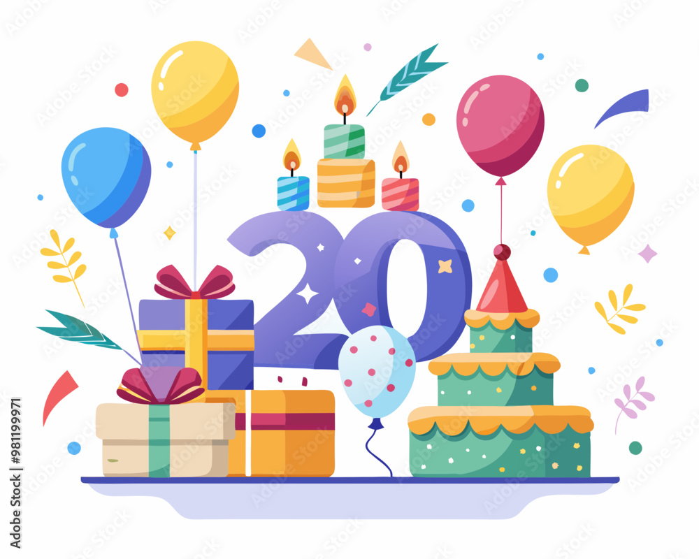 20th Birthday Vector With Cake, Balloons And Confetti 20th Birthday Vector With Cake, Balloons And Confetti