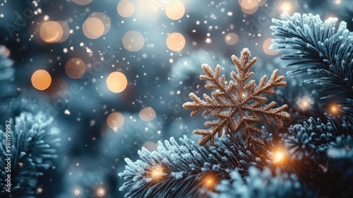 Colorful shiny winter background with snowflakes and bokeh light 