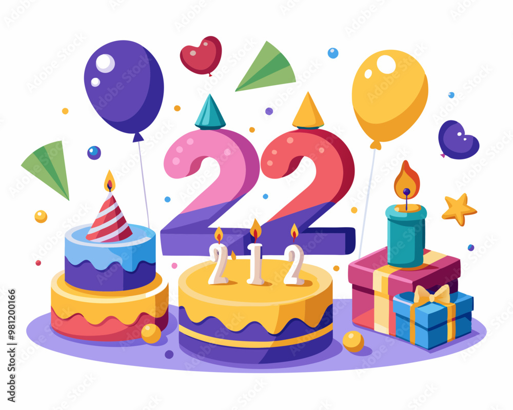 22nd Birthday Vector With Cake, Balloons And Confetti