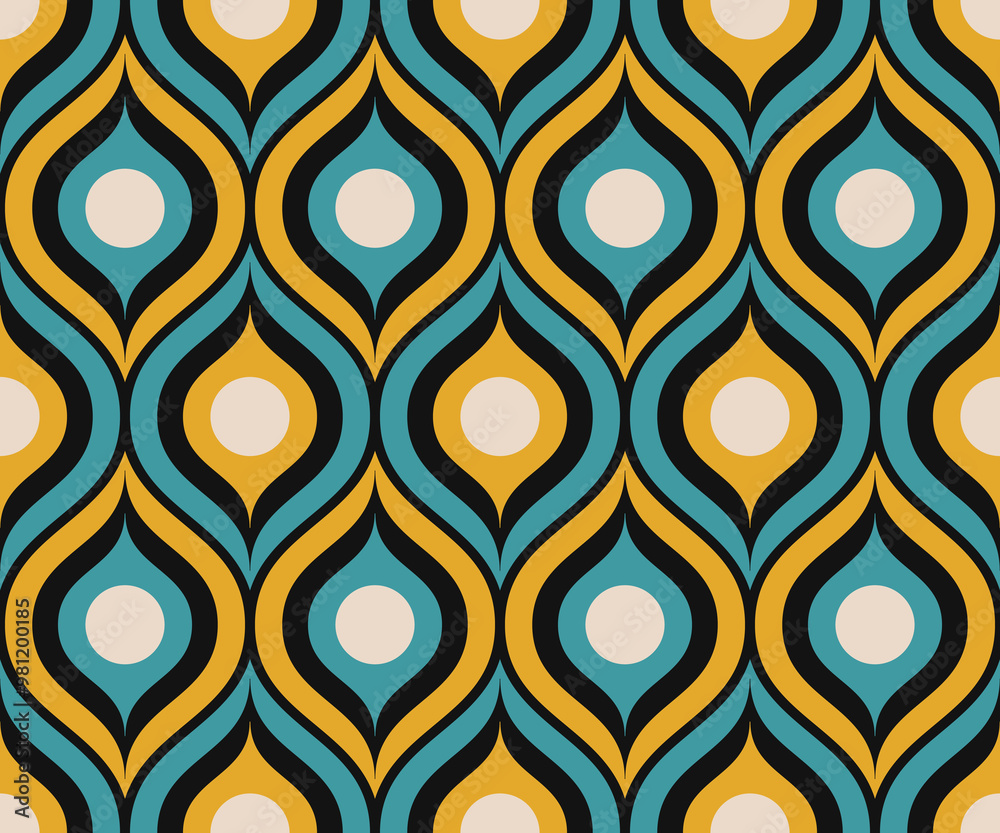 Retro midcentury ogee ovals teal yellow seamless pattern. Retro 70s style ovals geometrics fabric and wallpaper pattern. Retro midcentury ogee ovals teal yellow seamless pattern. Retro 70s style ovals geometrics fabric and wallpaper pattern.