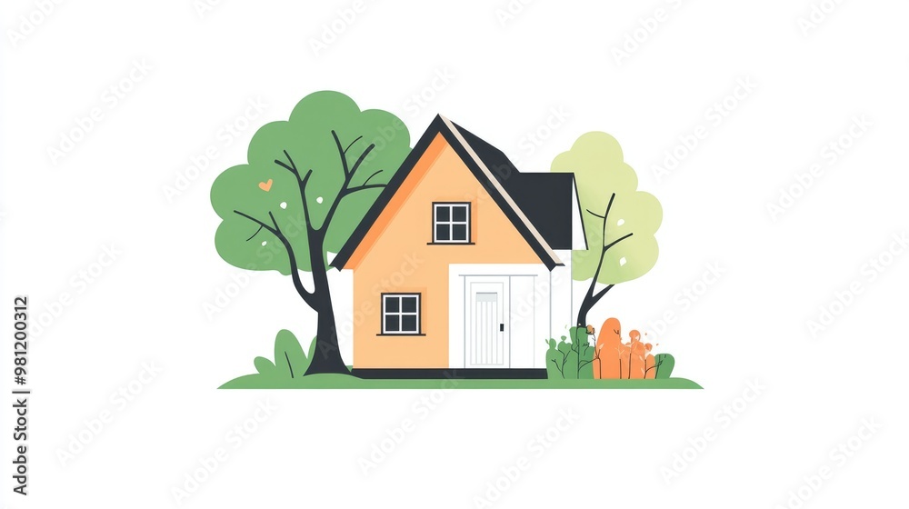 Charming flat design of a house surrounded by a tree on a clean white backdrop Charming flat design of a house surrounded by a tree on a clean white backdrop