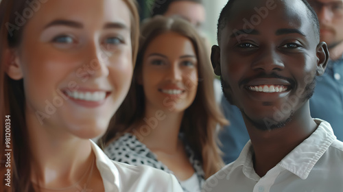 Diverse interracial business team, people diverse group looking at camera. Happy smiling multi-ethnic office worker startup crew photo. Good job, success project, and businesspeople 