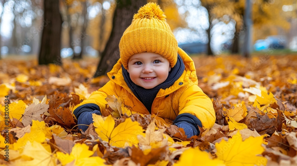 Happy Child Playing in Autumn Leaves Outdoors Happy Child Playing in Autumn Leaves Outdoors