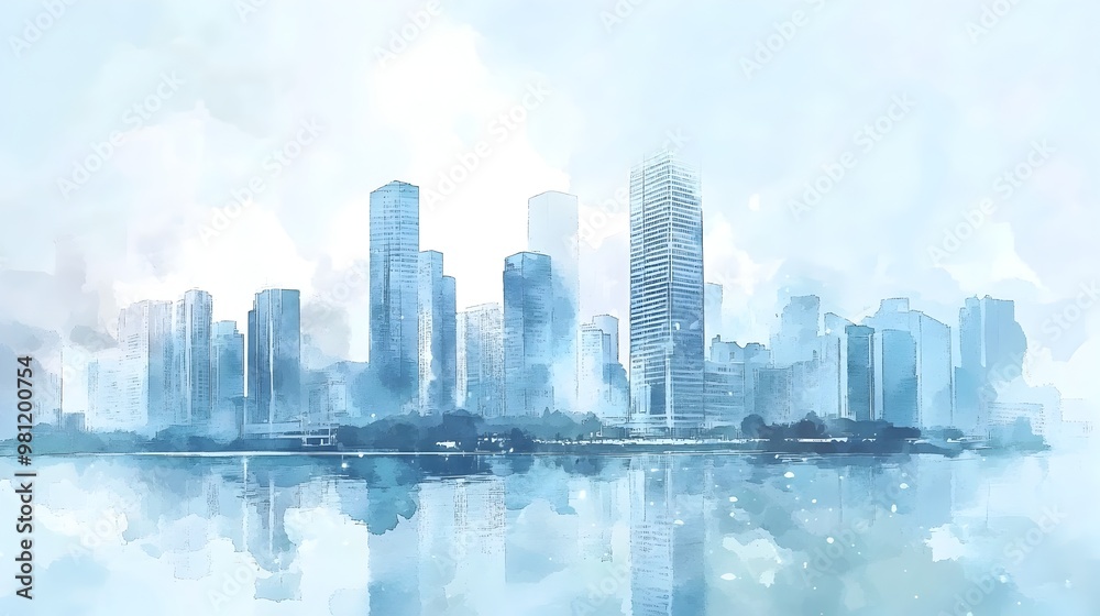 Majestic Cityscape Reflecting on Serene Lake Surrounded by Towering Skyscrapers Majestic Cityscape Reflecting on Serene Lake Surrounded by Towering Skyscrapers