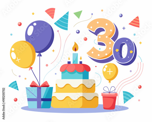 30th Birthday Vector With Cake, Balloons And Confetti