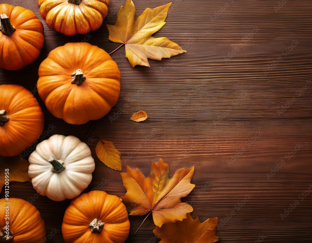 Top view of orange pumpkins on wooden background with autumnal leaves Top view of orange pumpkins on wooden background with autumnal leaves