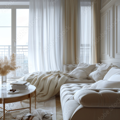 A cozy and stylish living room featuring plush white sofa adorned with soft pillows and warm blanket. Natural light filters through sheer curtains, creating serene atmosphere