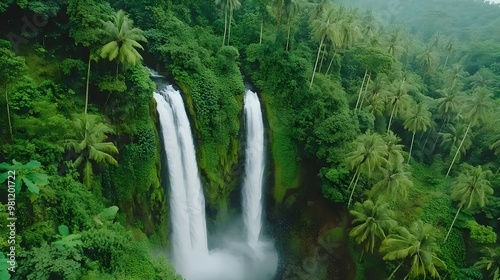Stunning aerial view of a picturesque waterfall surrounded by lush greenery and tropical palms, showcasing nature's beauty.