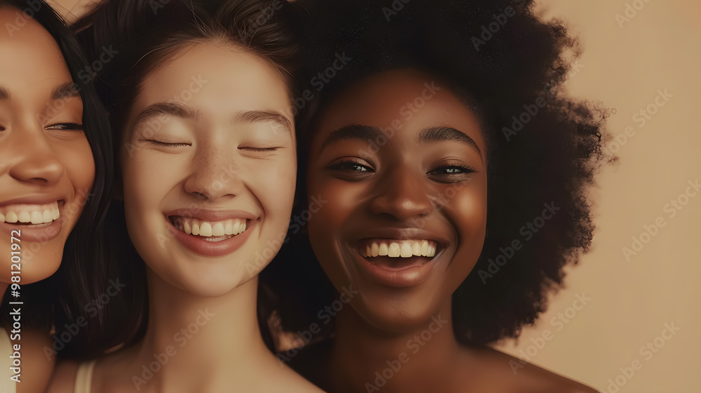 Diversity, beauty, and natural with women friends in the studio on a beige background to promote skincare. Portrait, face, and smile with a happy female and friend group indoors for luxury Diversity, beauty, and natural with women friends in the studio on a beige background to promote skincare. Portrait, face, and smile with a happy female and friend group indoors for luxury