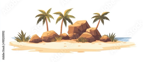 Flat style illustration of a desert island featuring rocks and palm trees on a white background Cartoon depiction of an island in the ocean