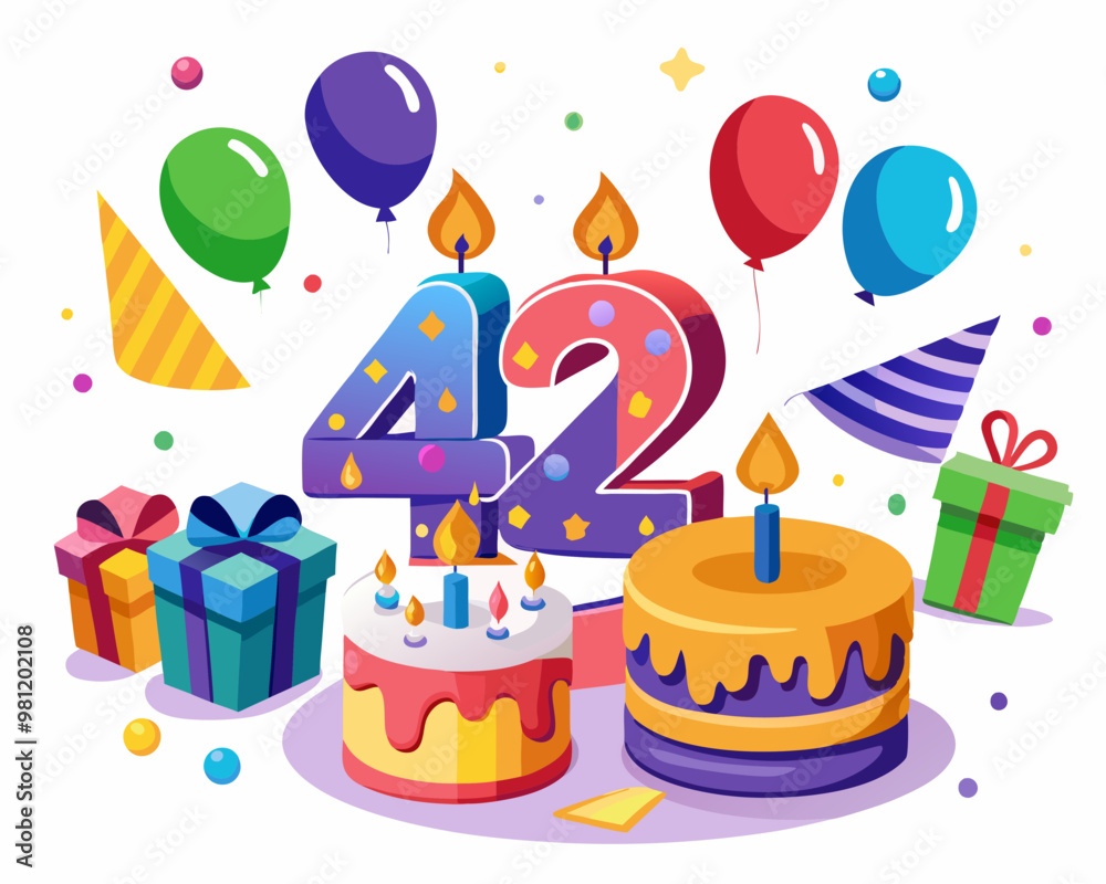 42nd Birthday Vector With Cake, Balloons And Confetti 42nd Birthday Vector With Cake, Balloons And Confetti