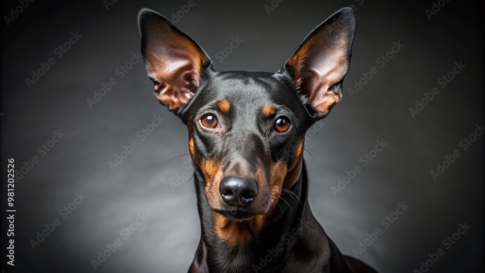 A sleek Manchester Terrier poses on a sleek grey studio background, its glossy black coat and erect ears radiating confidence and energetic intelligence. A sleek Manchester Terrier poses on a sleek grey studio background, its glossy black coat and erect ears radiating confidence and energetic intelligence.